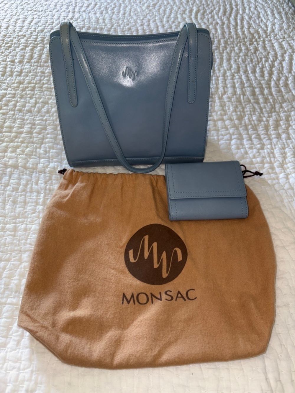 BNWOT Vintage Monsac Slate Blue Leather Shoulder Bag with Matching Wallet